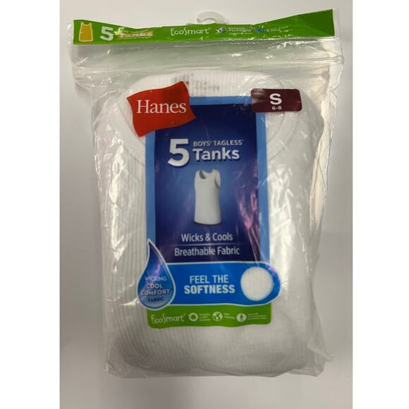 Hanes 5 Boys Tagless Tanks Small 6-8 Breathable Fabric Wicking Cool Comfort Soft - Picture 1 of 5